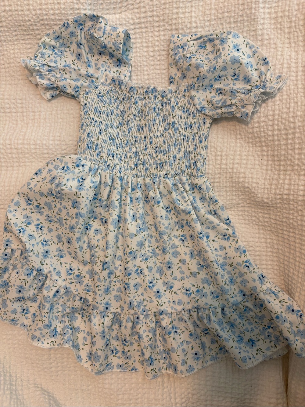 SHEIN Light Blue Floral Smocked Puff-Sleeve Dress